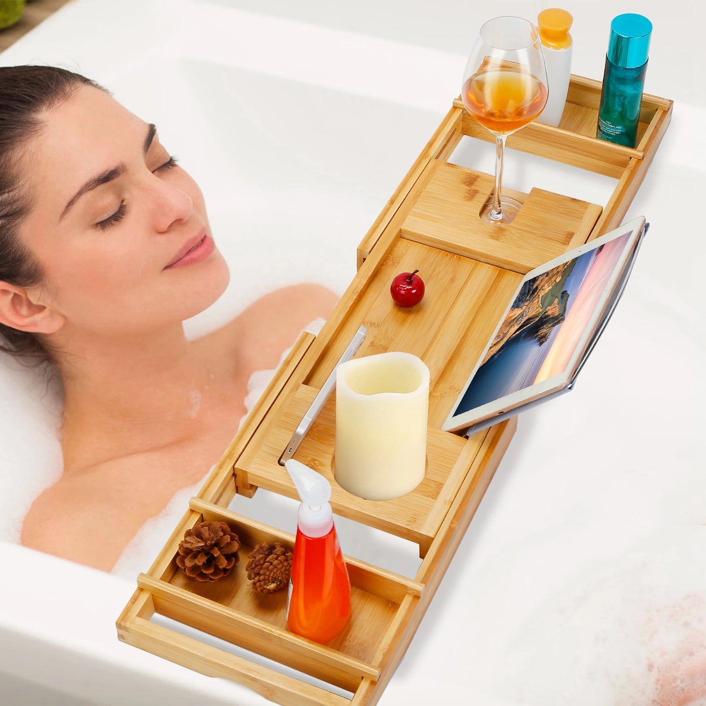 Bathtub Caddy Tray Crafted Bamboo Bath Tray Table Extendable Reading Rack Tablet Phone Holder