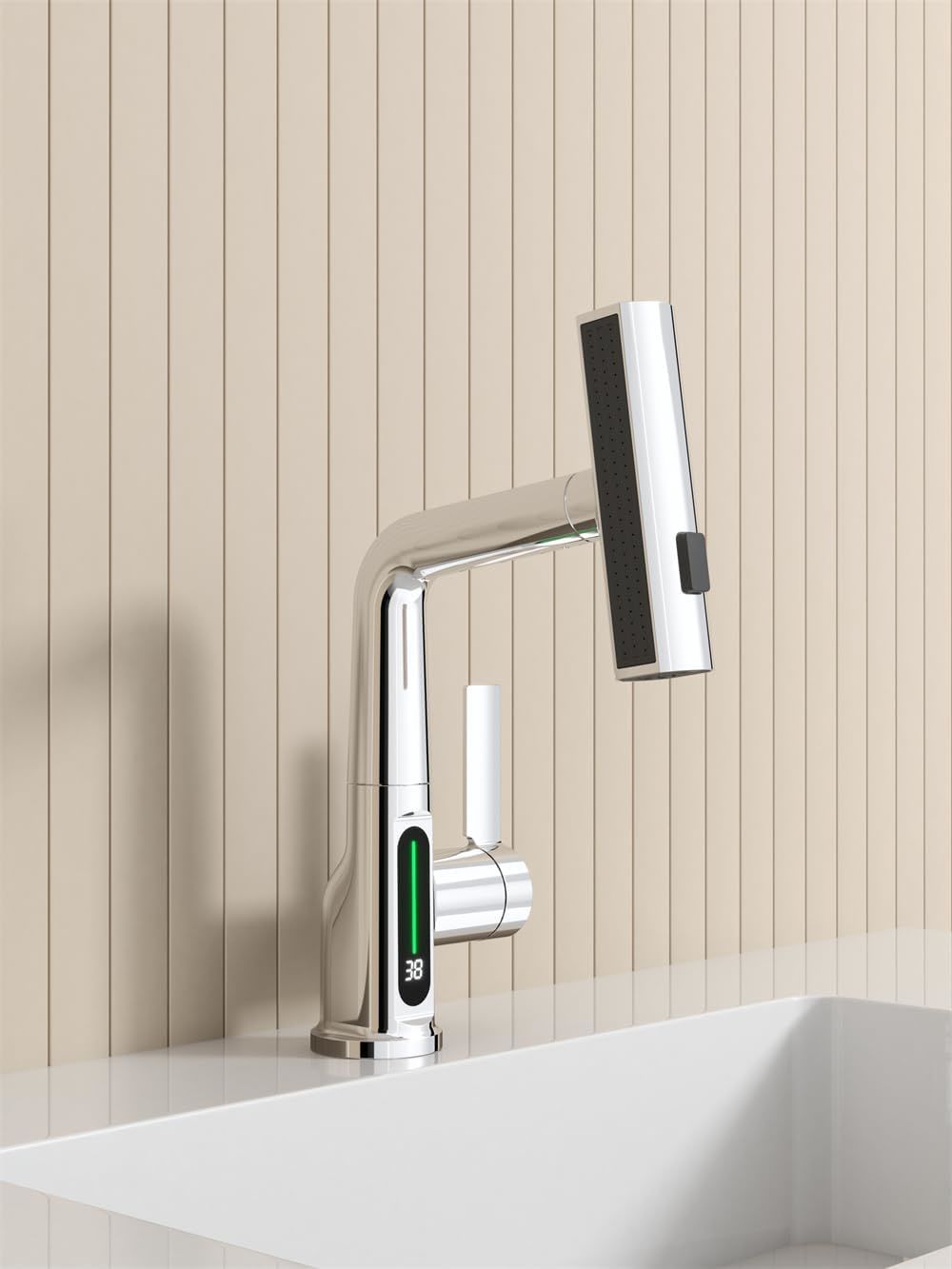 Pull-Out Lift LED Temperature Digital Display Bathroom Basin Faucet, Single Handle 360° Rotatable Waterfall 3-in-1 Basin Tap with Adjustable Height - Chrome