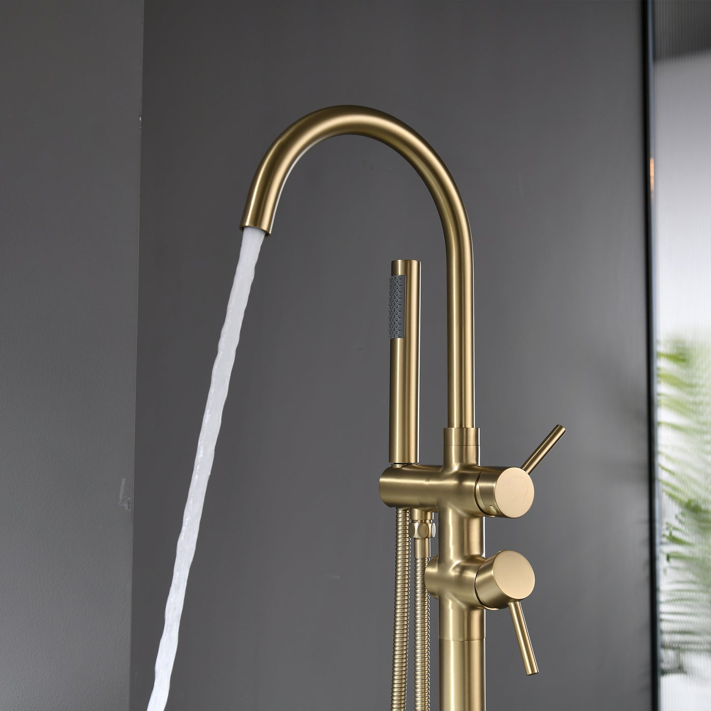 Bathtub Faucet Free Standing Floor Mounted Tub Faucet Tub Filler, Bathroom High Flow Shower Faucets with Handheld Shower Brushed Gold