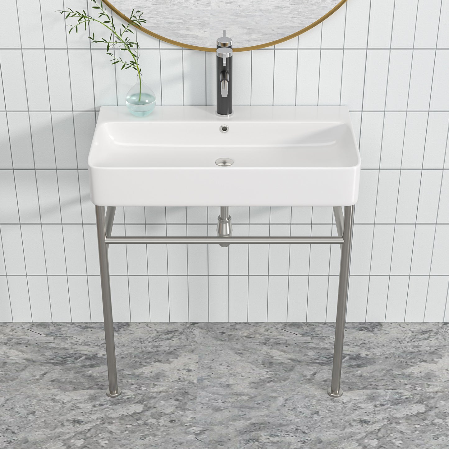 24\\\" Rectangular Bathroom Console Sink with Overflow,Wall Mounted Ceramic Console Sink White Basin with Steel Legs